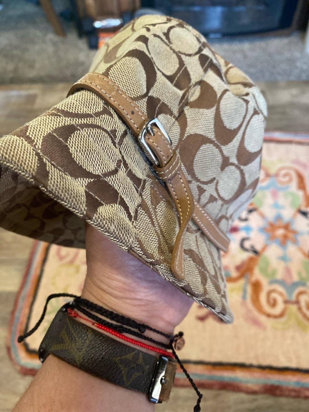 Vintage Coach CC Monogram Bucket Hat Brown/Tan Canvas Vegan Leather Accent Y2K - Picture 5 of 8